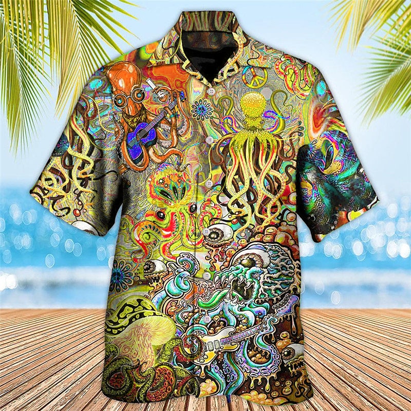 Męskie Tropikalny Gitara Ośmiornica Koszula Koszula hawajska Koszula Aloha Krótki rękaw Koszula Wieczorne Tropikalny Moda Hawajskie Codzienny Hawajskie Święto Żółty Czerwony Fioletowy S M L 2025 - $24.99 –P6
