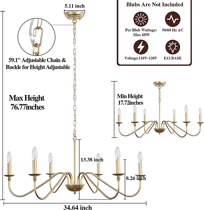 Gold Chandelier 6-Light Modern Brass Farmhouse Chandelier Wrought Iron Classic Candle Ceiling Pendant Light Fixture for Dining Room Living Room Kitchen Island Entry Stairwell, Dia 35" 110-240V 2025 - $292.29 –P1