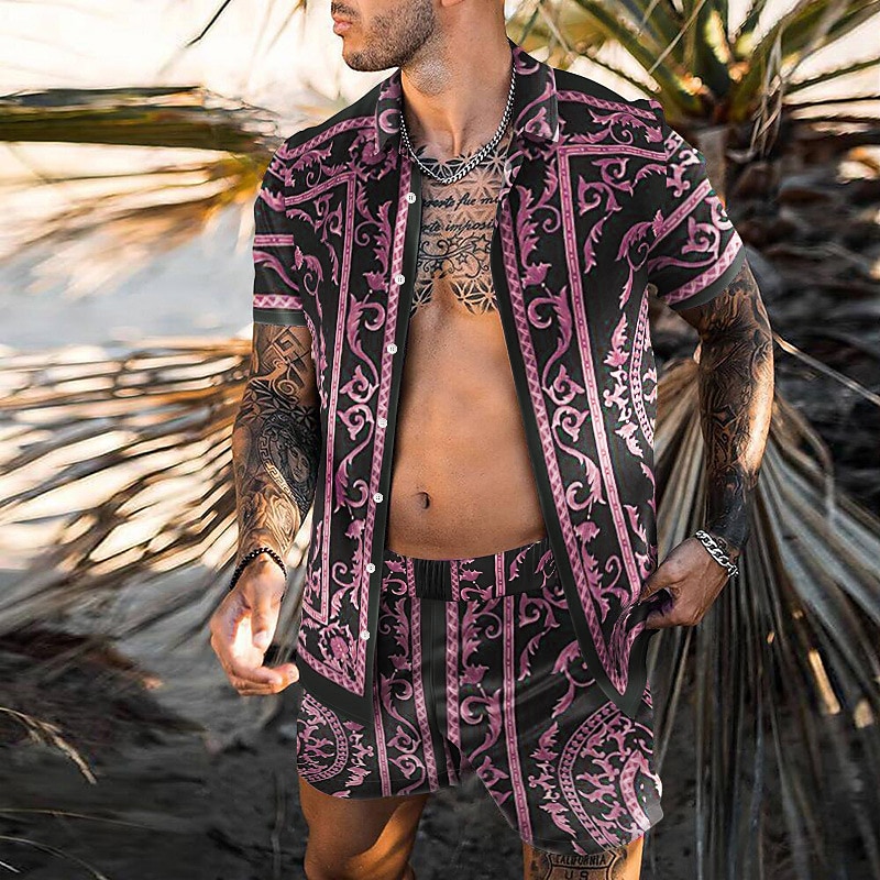 Herr 3D-utskrift 2st Skjortor Set Hawaii skjorta Kortärmad Korta byxor Nedvikt Mode Hawaiisk Designer Utomhus Semester Strand 3D-utskrift Button-Down Sommar Vår Svart Blå Purpur 2025 - $34.99 –P4