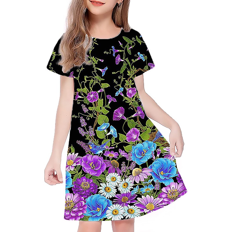 Děti Dívčí Šaty Grafika Květinový Krátký rukáv Venkovní Ležérní Módní Roztomilý Denní Polyester Nad kolena Volnočasové šaty Áčkové šaty Letní šaty Léto Jaro 3-12 let Více barev Černá Světlá růžová 2025 - $15.99 –P6