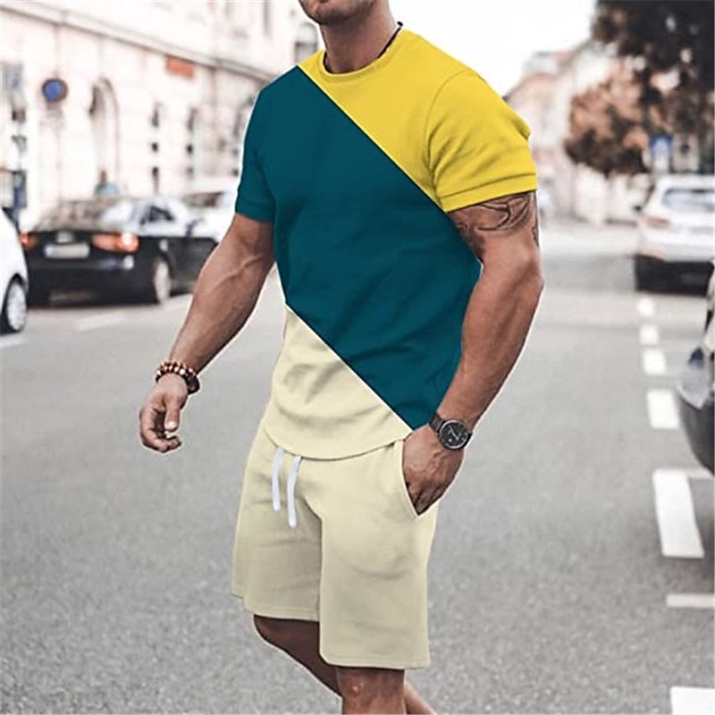 Herre Grafisk Fargeblokk 2stk T-skjorter sett Matchende sett Kortermet Korte bukser Crew-hals Designer Fritid Bekvem utendørs Feriereise Daglig 3D-utskrift Vår sommer Svart Hvit Gul 2025 - $30.99 –P2