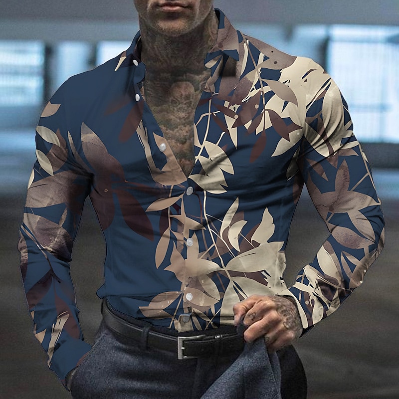 Herren Blumen Hemd Knopfhemd Langarm Modisch Designer Brautkleider schlicht Outdoor Casual Festtage Sommer Frühling Umlegekragen Bedruckt Button-Down Weiß Blau Braun Khaki 2025 - $26.99 –P3