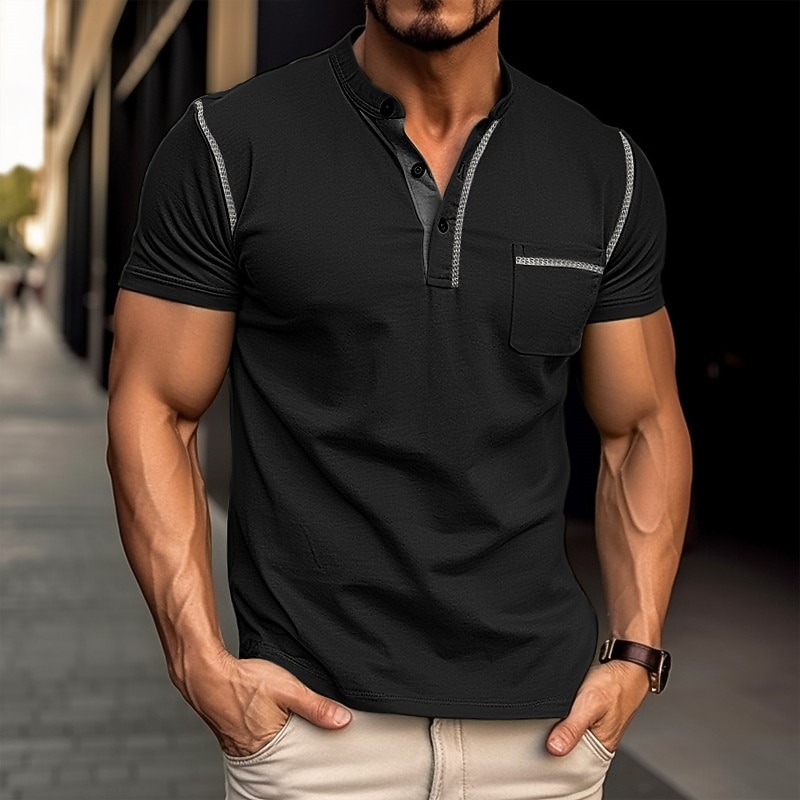 Homme Chemise Henley T-shirt Manches courtes Uni Mode Designer Basique Avec Poches Henley Vacances Rue Sortir Été Abricot bleu marine Grise T-shirt Henley de 2026 ? $21.99 –P7