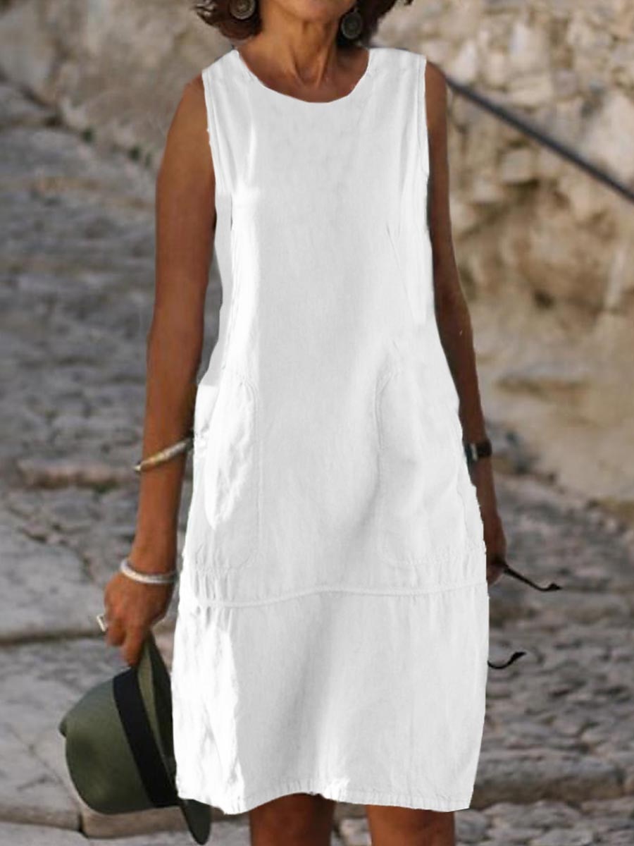 Women's Light Blue Black White Summer Spring Midi Dress White Dress Cotton Linen Dresses Sundress Classic Casual Vacation Daily Loose Fit Plain U Neck 2025 - $32.99 –P6