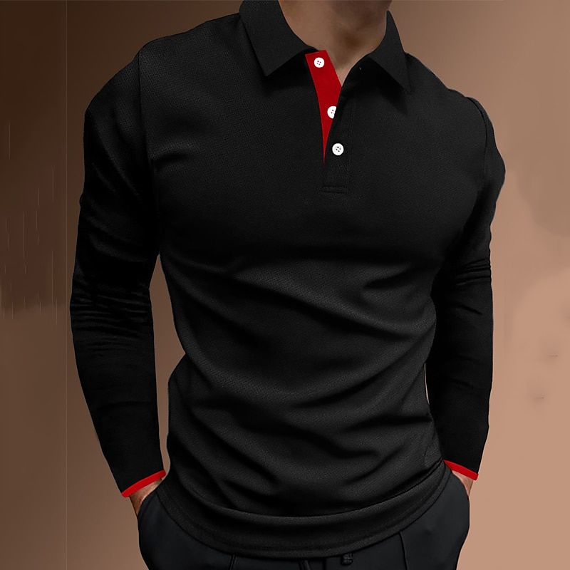 Men's Button Up Polos Polo Shirt Casual Holiday Lapel Long Sleeve Fashion Basic Plain Button Summer Regular Fit Fire Red Black Dark navy Button Up Polos 2025 - $21.99 –P9