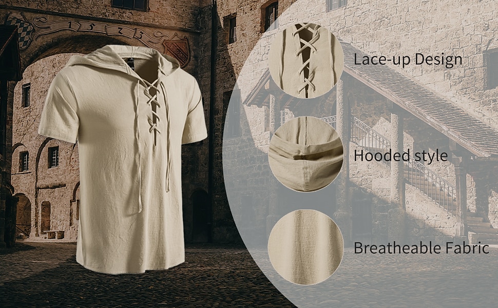 t-shirt vichinga medievale in cotone a maniche corte con cappuccio camicie da uomo in stile retrò con lacci hippie abbinati al costume larp del 2025 a $37.99 –P2