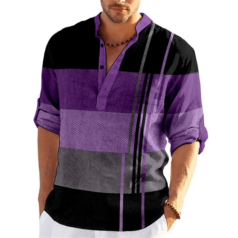Men's Striped Geometric Pattern Geometry Shirt Button Up Shirt Long Sleeve Fashion Streetwear Designer Casual Going out Summer Spring Fall Stand Collar Print Blue-Green Yellow Black / Purple Red 2025 - $24.99 –P5