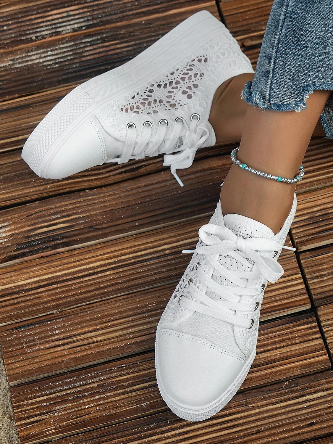 Women's White Lace Sneakers with Comfortable Sole and Lace-Up Design - Casual, Breathable Shoes for Everyday Wear 2025 - $29.99 –P2