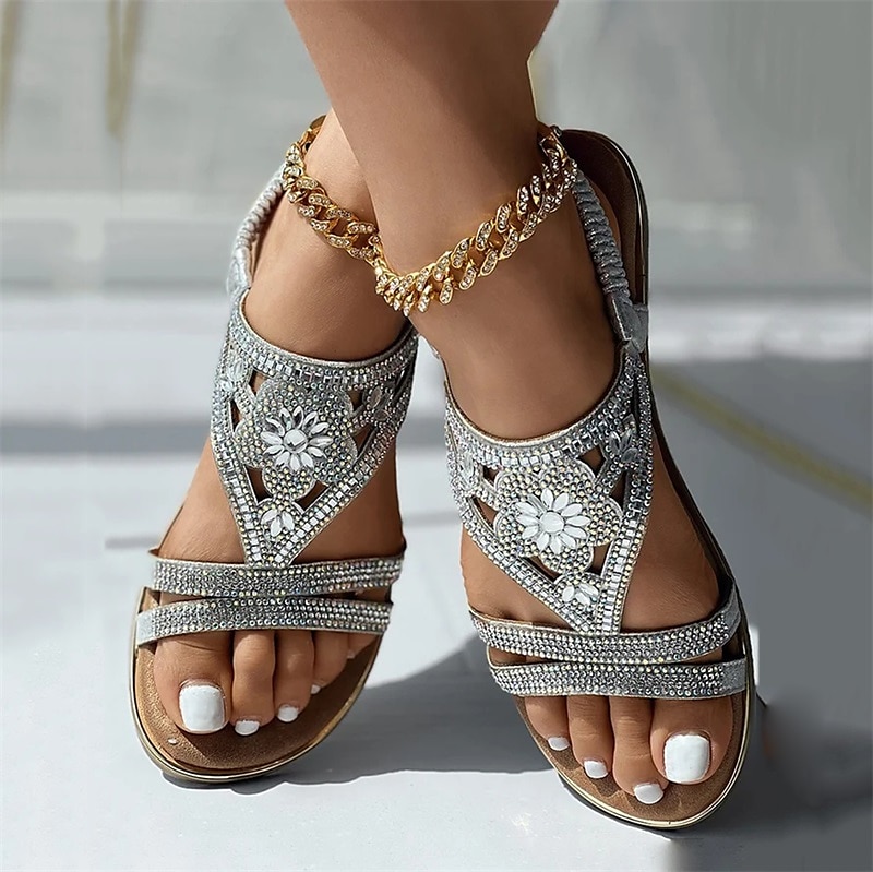 boheme rhinestone sandaler for kvinner – vintage flate sandaler med glamperler med hult blomsterdesign for strand- og sommerklær 2025 - $34.99 –P6