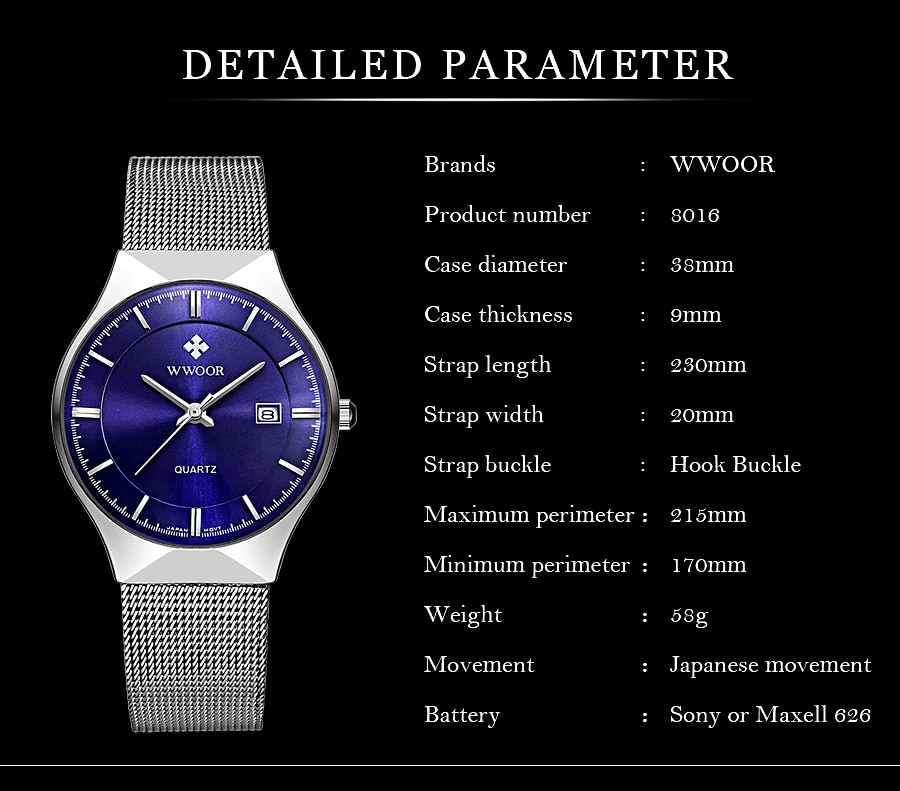 WWOOR Zakelijke Heren Luxe Horloges Mesh Band Ultra Dun Kwarts Heren Polshorloge Waterdicht Auto Datum Mannelijke Klok 2025 - $37.99 –P2
