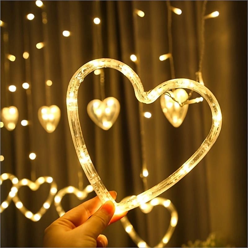 أضواء سلسلة الستار led 126 بطارية ضوء سلسلة led&amp; أضواء على شكل قلب تعمل بالطاقة USB مقاومة للماء 8 أوضاع وامضة لفتاة عيد الحب والزفاف والكريسماس وأضواء نافذة الفندق 2025 - $26.99 –P4