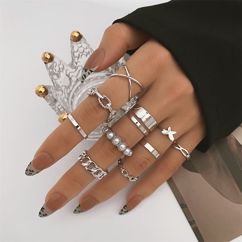 Ženy Prsten Svatební Geometrické Stříbrná Chrome Mini Punk Přizpůsobeno stylové 10ks 2025 - $4.99 –P3