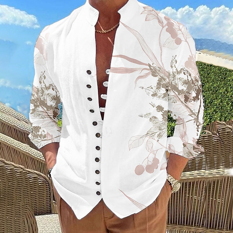 Herren Blätter Hemd Knopfhemd Langarm Modisch Designer Brautkleider schlicht Outdoor Urlaub Täglich Herbst Frühling Sommer Ständer Bedruckt Meerblau Weiß Rosa Rote Blau 2025 - $27.99 –P5