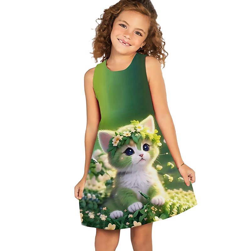 Barn Flickor Klänning Grafisk Blommig Katt Ärmlös Utomhus Ledigt Mode söt stil Dagligen Polyester Ovanför knäet Vardagsklänning A linjeklänning Linneklänning Sommar Vår 3-12 år Ljusgrön Marinbl 2025 - $13.99 –P7