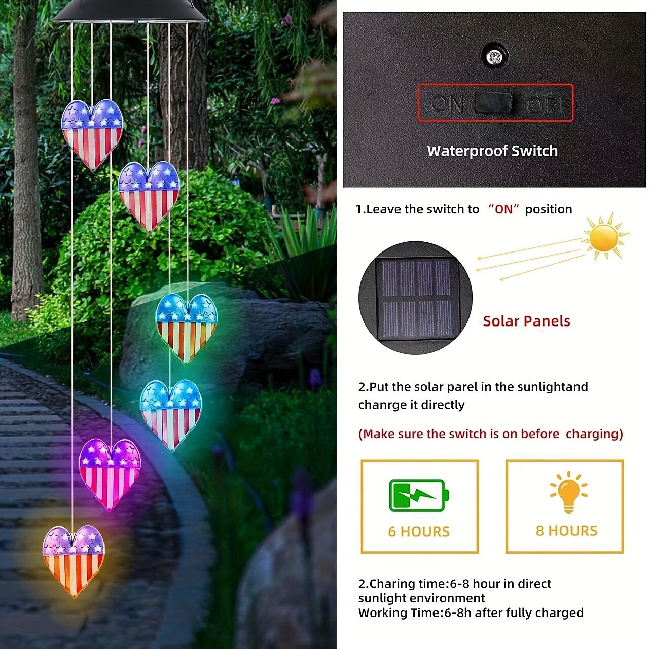 Solar Wind Chime Light Mosaic Ball Night Light 7-Color Changing Independence Day Flag for Outdoor Patio Garden Window Curtain Tree Decoration 2025 - $21.99 –P3