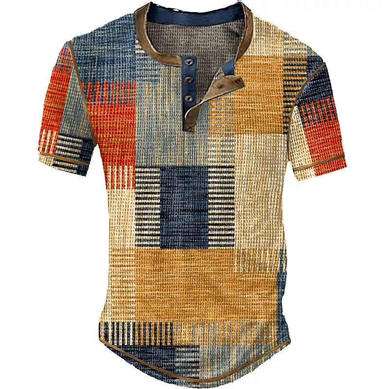 Plaid Casual Mens 3D Shirt | Yellow Summer Cotton | Waffle Henley