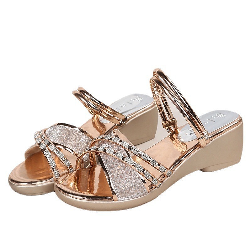 sandali con zeppa neri da donna – scarpe slip-on con cinturini e strass scintillanti per l'estate, abbigliamento casual e da festa del 2025 a $24.99 –P8