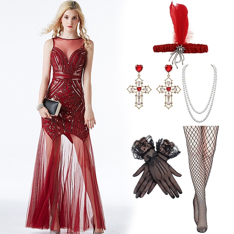 Retro vintage Roaring jaren '20 Jaren 1920 Lange Lengte Flapper jurk Cocktailjurk Jaren ‘20 flapper hoofdband Mouwloos Bruiloftsgast Pailletten Lovertje Ronde hals Dames Carnaval Valentijnsdag 2025 - $55.99 –P12