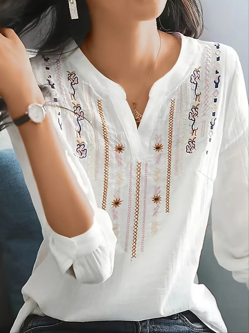 Damen Hemd Kunstbaumwollleinen Stickerei Ethnisch Elegant Mode V Ausschnitt Weiß Sommer Frühling Herbst 2026 - $21.99 –P1