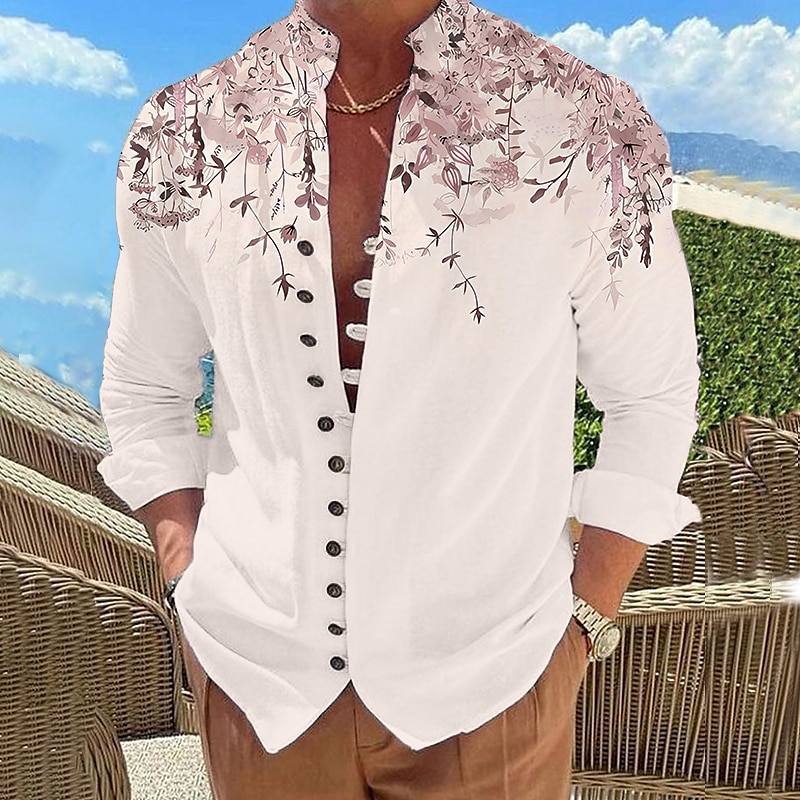 Herren Blätter Hemd Knopfhemd Langarm Modisch Designer Brautkleider schlicht Outdoor Urlaub Täglich Herbst Frühling Sommer Ständer Bedruckt Meerblau Weiß Rosa Rote Blau 2025 - $27.99 –P6