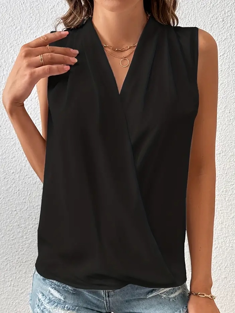 Womens Camisola Tank Top Plissada Envolvente Cetim Sólido  Simples Cor Básica Casual Decote V Sem Mangas Verão Preto Branco de 2025 por $24.99 –P4