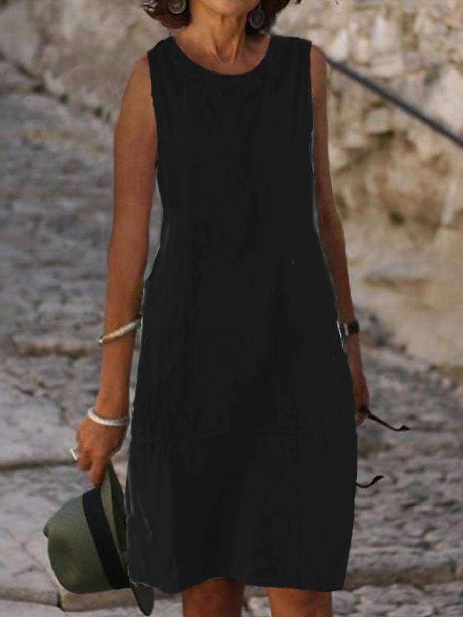 Women's Light Blue Black White Summer Spring Midi Dress White Dress Cotton Linen Dresses Sundress Classic Casual Vacation Daily Loose Fit Plain U Neck 2025 - $32.99 –P9