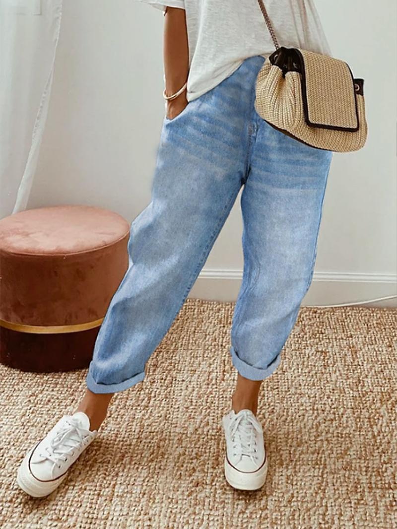 Women's Jeans Wide Leg Linen Pants Full Length Side Pockets Micro-elastic High Waist Fashion Basic Street Vacation Blue S M 2023 - US $19.99 –P1