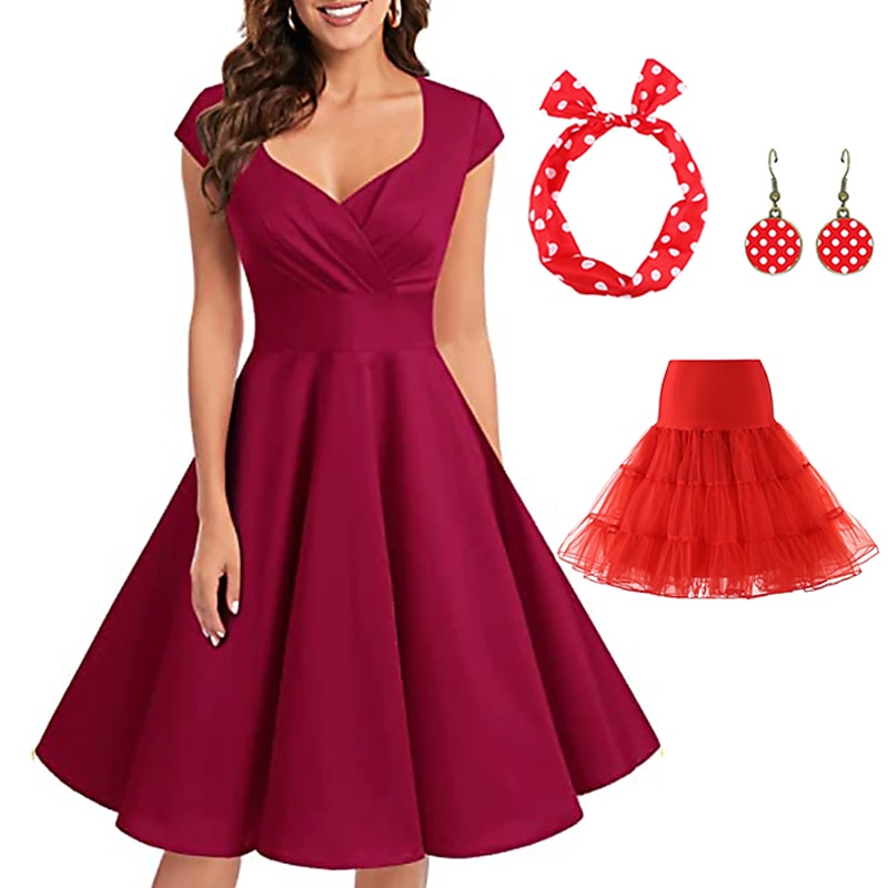 Retro Vintage oblečení z 50. let Grease Rockabilly A-line šaty Kloboukové šaty na Vánoční večírek Puntíkové plesové šaty dámské na večírky večerní maškarní dospělácké šaty náušnice čelenka jaro 2026 - $40.99 –P5