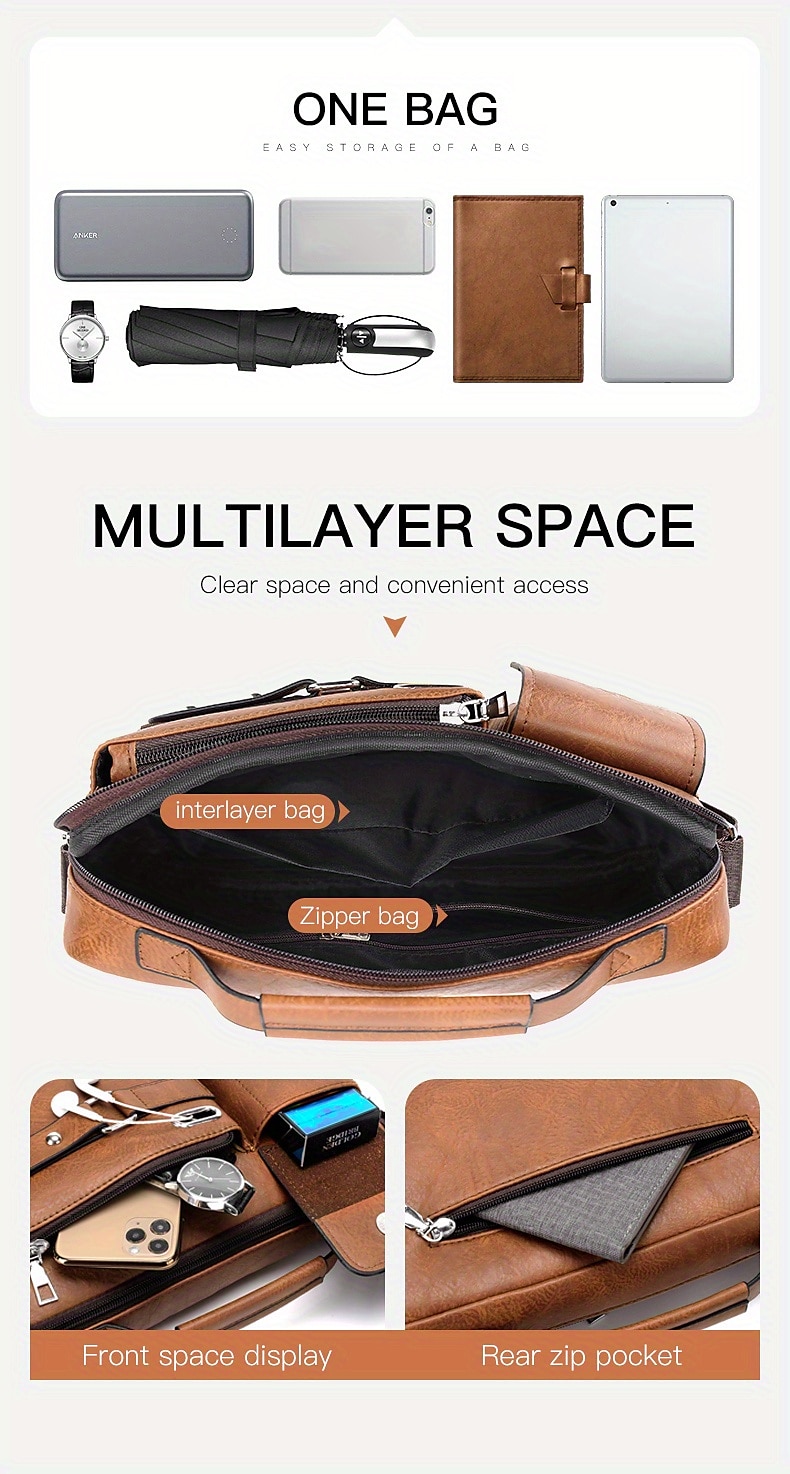 Men's Brown Faux Leather Messenger Bag with Multiple Pockets and Adjustable Strap - Stylish and Functional Crossbody Bag for Travel and Daily Use 2025 - $24.99 –P7