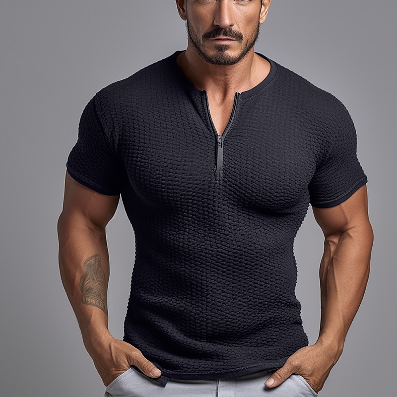 Men's Waffle Tee Tee Top Short Sleeves Quarter Zip Summer Plain Fashion Designer Basic Zip Up Vacation Street Going out Black White Navy Blue Top Tee for Men 2025 - $17.99 –P4