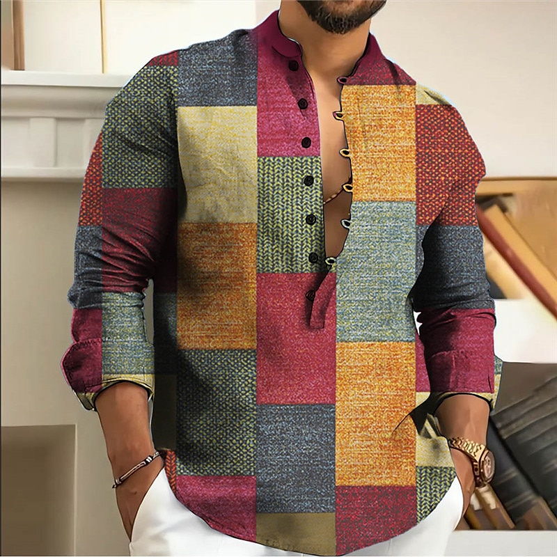 Herren Farbblock Geometrische Muster Geometrie Hemd Knopfhemd Langarm Modisch Strassenmode Designer Casual Ausgehen Sommer Frühling Herbst Ständer Bedruckt Gelb Blau Purpur Grau 2025 - $26.99 –P1