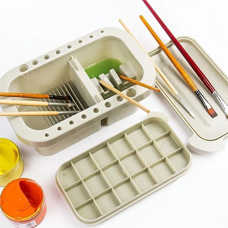 1 conjunto multifuncional 3 em 1 balde de caneta de lavagem com suporte de caneta e tampa de paleta de pintura pincel de bacia ferramenta de lavagem de banheira para pintura de arte guache aquarela de 2025 por $18.49 –P4