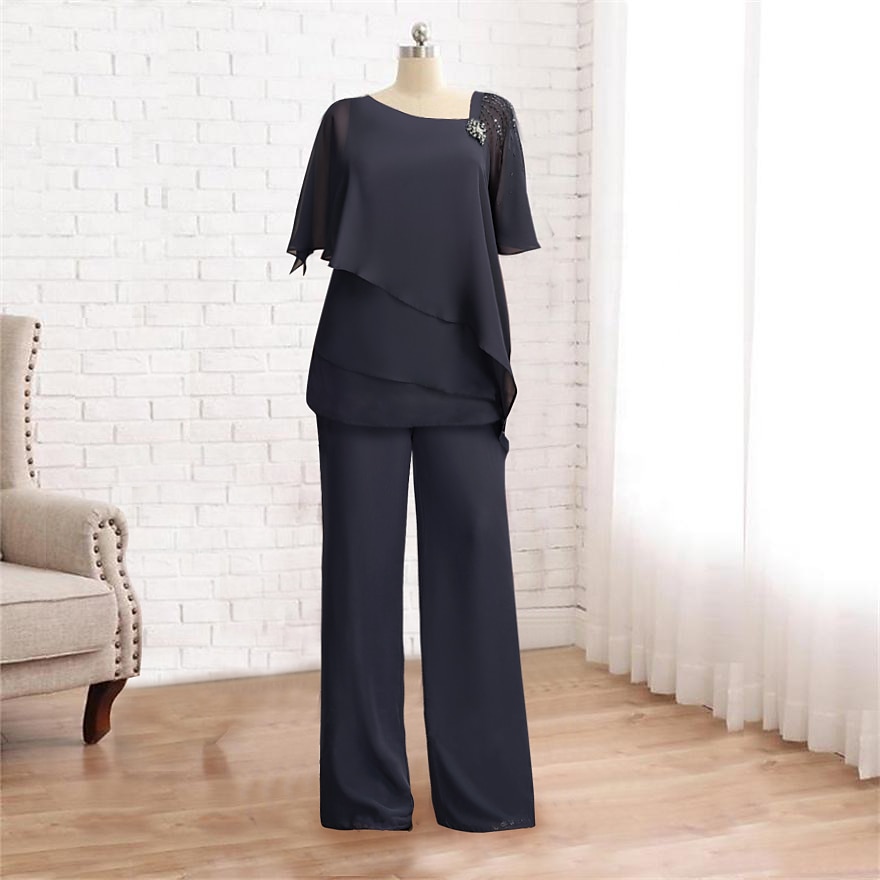 Two Piece Jumpsuit / Pantsuit Mother of the Bride  Formal Wedding Guest Church Elegant Plus Size Bateau Neck Floor Length Chiffon Sleeveless with Beading Cascading Ruffles Crystal Brooch 2025 - $157.99 –P1