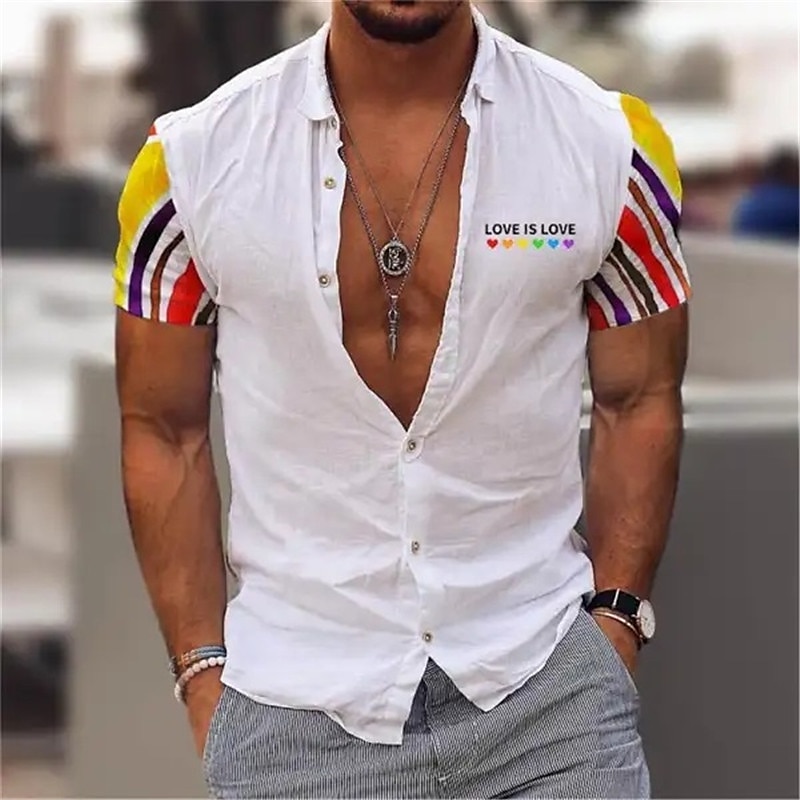 Herr Regnbåge Geometriska mönster stolthet Skjorta Knapp upp skjorta Kortärmad Mode Streetwear Designer Utomhus Dagligen Utekväll Sommar Vår Nedvikt Mönster Vit Grön Regnbåge 2025 - $24.99 –P3