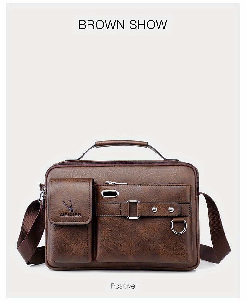 Men's Brown Faux Leather Messenger Bag with Multiple Pockets and Adjustable Strap - Stylish and Functional Crossbody Bag for Travel and Daily Use 2025 - $24.99 –P12