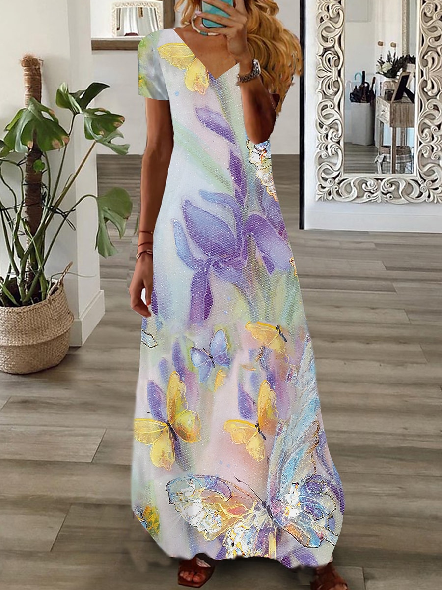 Damskie Sukienka maxi Codzienne sukienki Sukienka z nadrukiem Moda Nowoczesny Codzienny Urlop Codzienny Święto Regularny Graficzny Marmurkowanie Krótki rękaw W serek Biały Żółty Jasnozielony Czerwony 2025 - $31.99 –P3
