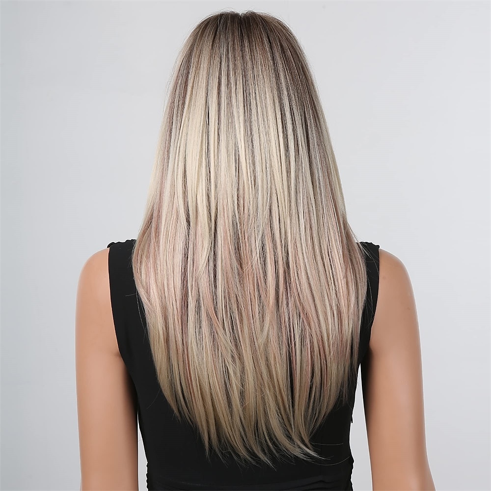 parrucche ombre castane bionde per donne nere parrucche dritte a strati lunghi con frangia d'aria parrucche sintetiche capelli naturali per uso quotidiano parrucche barbiecore del 2025 a $21.99 –P12