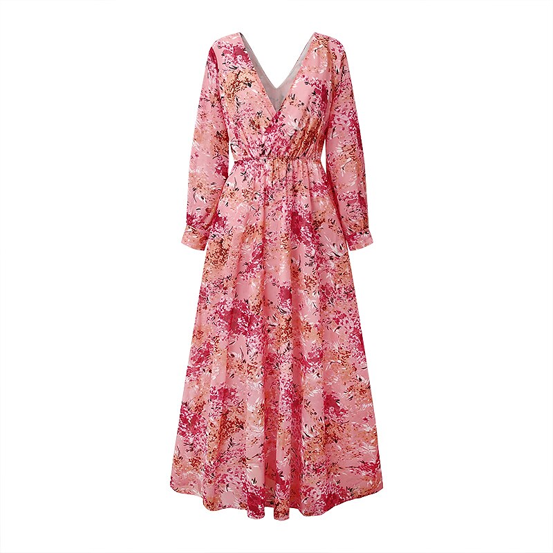 damen swingkleid maxi langes kleid rosa langarm floral print frühling sommer tiefes v elegant boho 2022 s m l xl xxl xxxl 2025 - $33.99 –P5