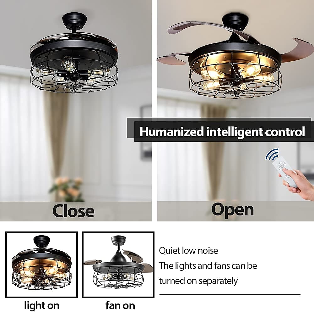 ventilatore da soffitto con luci-ventilatore da soffitto industriale da 42" con pale retrattili, plafoniera a gabbia vintage con controllo a 3/6 velocità con telecomando per cucina, sala da pranzo, soggiorno e26 nero del 2025 a $287.89 –P4