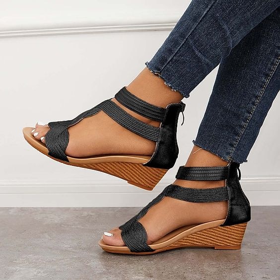 Damesandaler med gullfarget elastisk stropp, flettet design og glidelåslukking, komfortable sommersko med åpen tå for fritidsbruk, reiser og fester. 2025 - $46.99 –P6