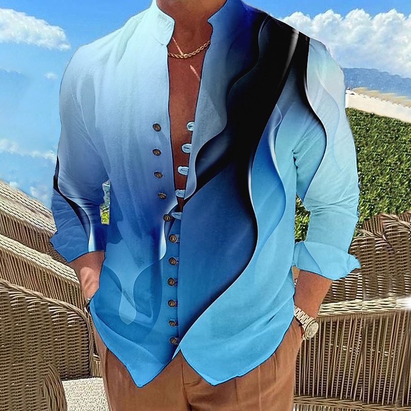 Herren Farbverlauf Geometrisches Muster Linear Hemd Knopfhemd Langarm Mode Designer Lässig Urlaub Täglich Ausgehen Herbst Frühling & Sommer Stehkragen Druck Gelb Rote Blau Purpur Grün 2025 - $26.99 –P1