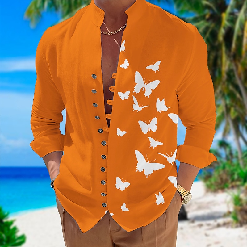 Herr Fjäril Skjorta Hawaii skjorta Aloha skjorta Långärmad Skjorta Hög krage Mode Designer Ledigt Utomhus Semester Gata Svart Vit + Svart Vit S M L 2025 - $24.99 –P4