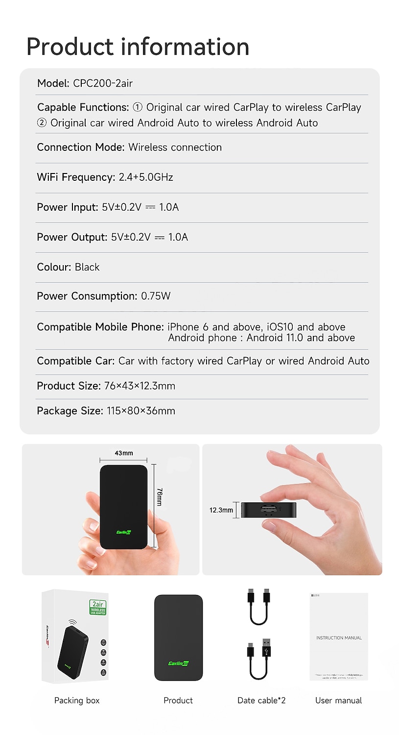 CarlinKit 5.0 CarPlay Android Auto Wireless Adapter Portable Dongle for OEM  Car Radio