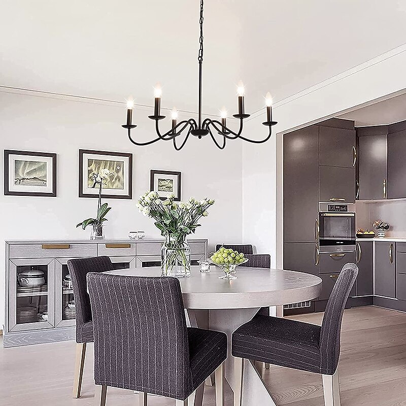 Candelabro preto de 6 luzes lustres de ferro industriais rústicos iluminação para cozinha, sala de jantar, sala de estar, quarto, 35 polegadas, e12,110-240v de 2026 por $230.29 –P2