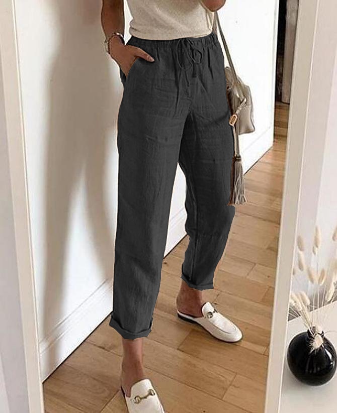 Femmes Pantalon en coton et lin Pantalons Mode Longueur complète Uni Poches Latérales Confort Non Elastique Décontracté Quotidien Noir Blanche Kaki Gris Coupe régulière de 2025 ? $21.99 –P5