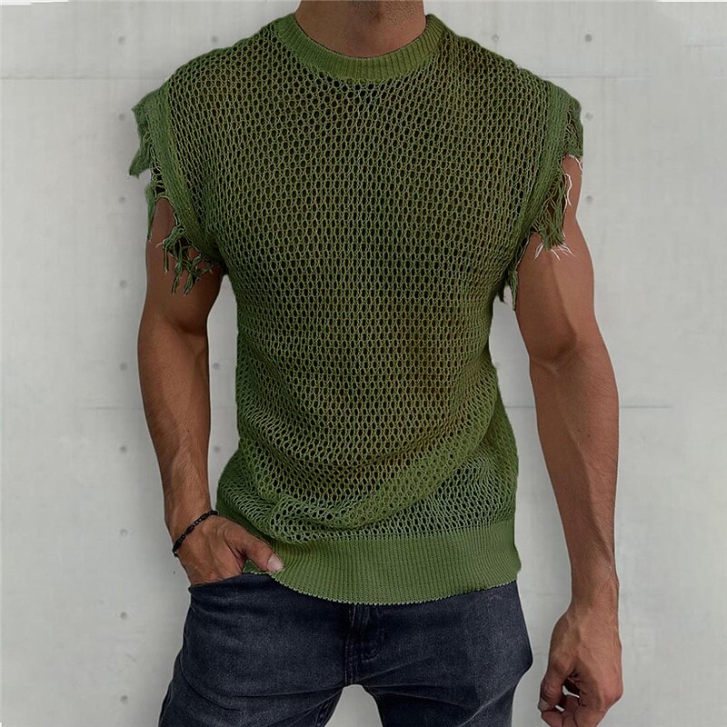 Herren Tank Top Weste Unterhemd Ärmelloses Shirt Ärmellos Rundhalsausschnitt Sommer Einfach Mode Designer Muskel Netz Gestrickt Outdoor Ausgehen Fitnessstudio Weiß Khaki Armeegrün Top T-Shirt für 2025 - $28.99 –P4