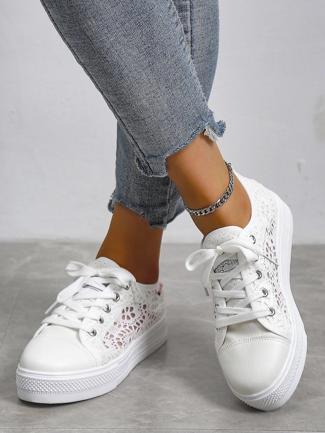 Women's White Lace Sneakers with Comfortable Sole and Lace-Up Design - Casual, Breathable Shoes for Everyday Wear 2025 - $29.99 –P1