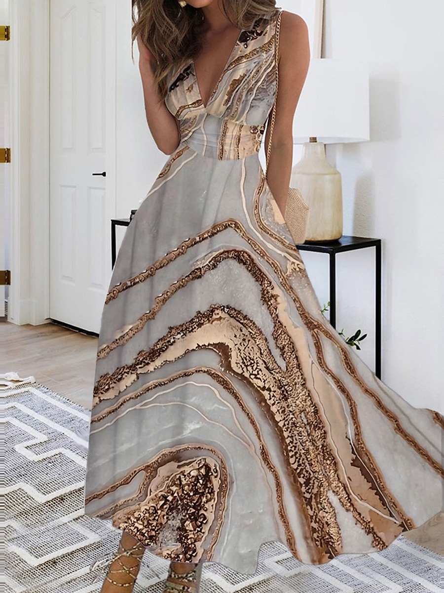 Robe Maxi Femme Robe Décontractée Imprimé Feuille Col V Maxi Long Robe Décontractée Quotidien Rendez-vous Sans Manches Été Printemps de 2025 ? $51.99 –P8