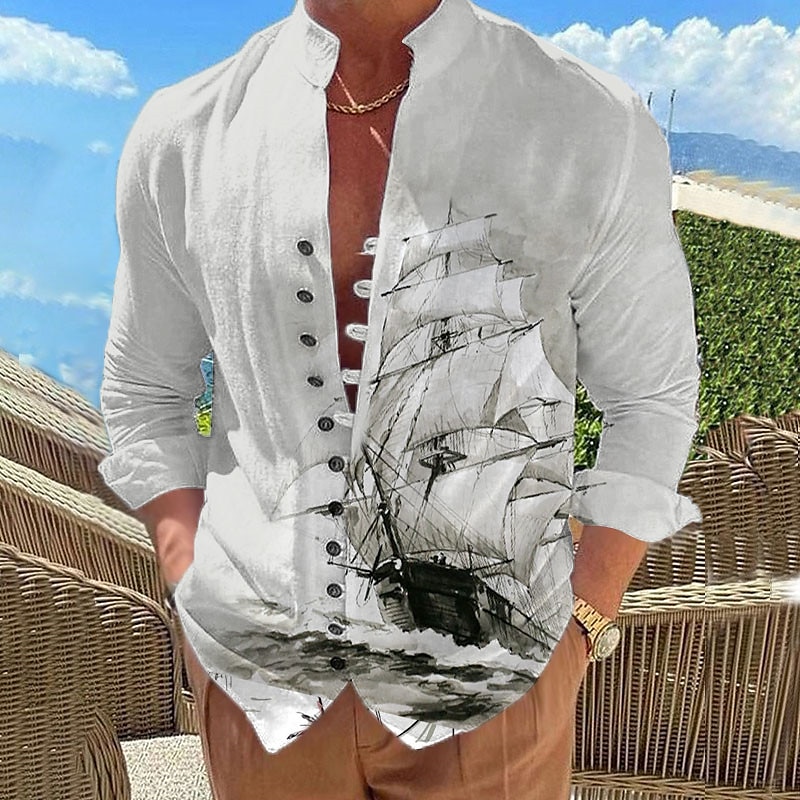 Per uomo Nautico Vintage Barca a vela Camicia Camicia con Bottoni Manica Lunga Moda Streetwear Designer All'aperto Casuale Quotidiano Estate Primavera Autunno Collo alla coreana Stampato Blu Marrone del 2026 a $26.99 –P2