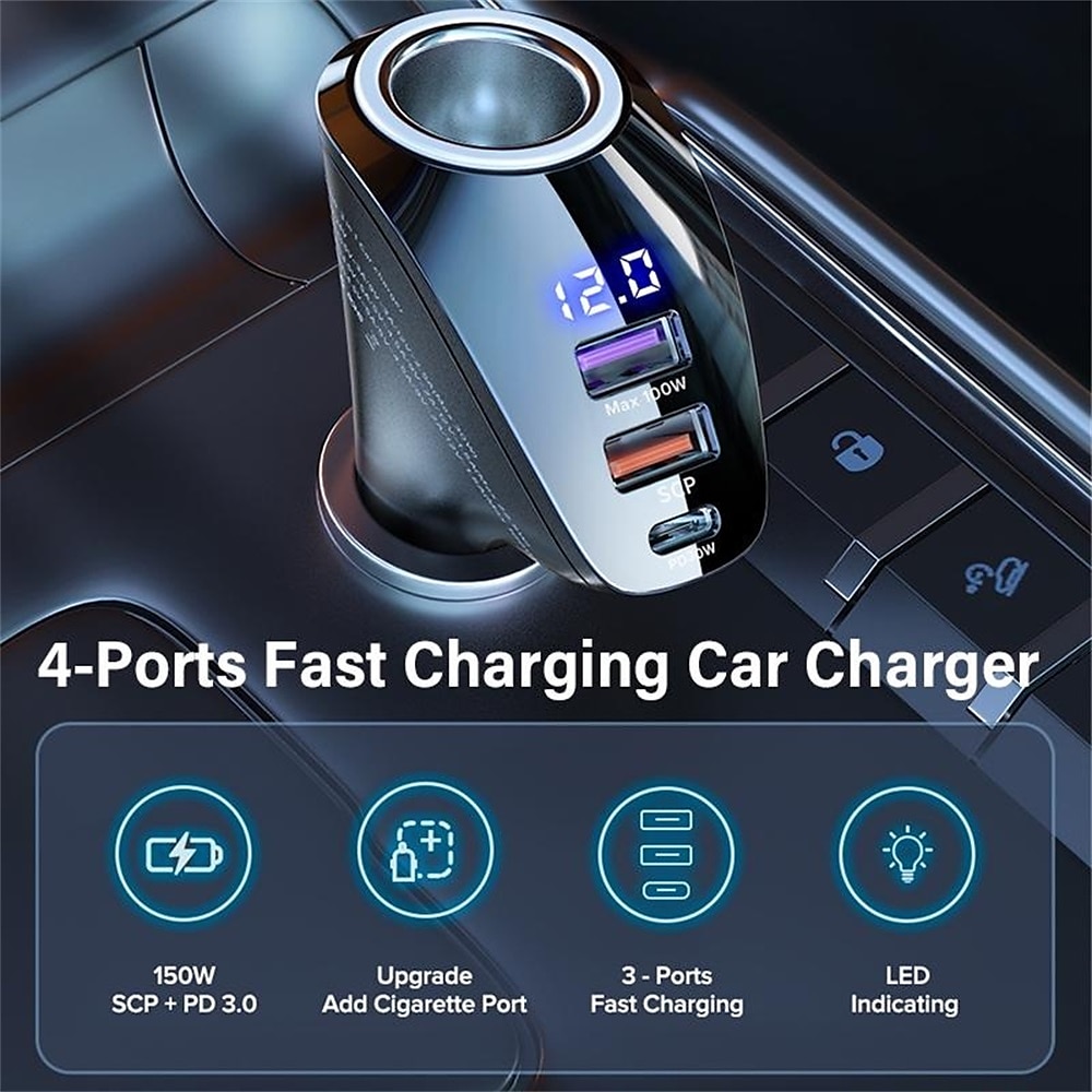 150W Car Charger - USB Type C Super Fast Charging, PD 4.0 & Quick Charge 3.0, Cigarette Lighter Socket 2025 - $19.99 –P6